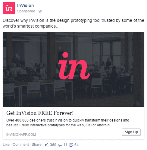 Invision retargets warm visitors with a direct response ad