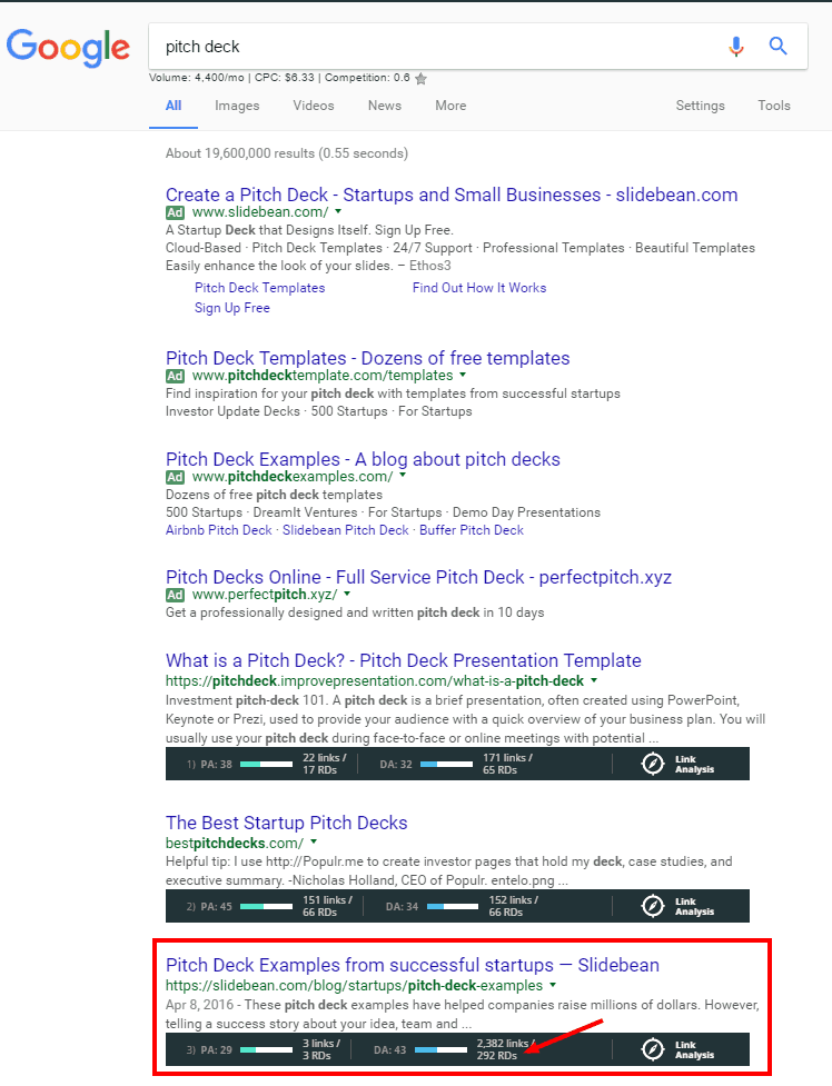 Slidebean ranks well for the term "pitch deck"