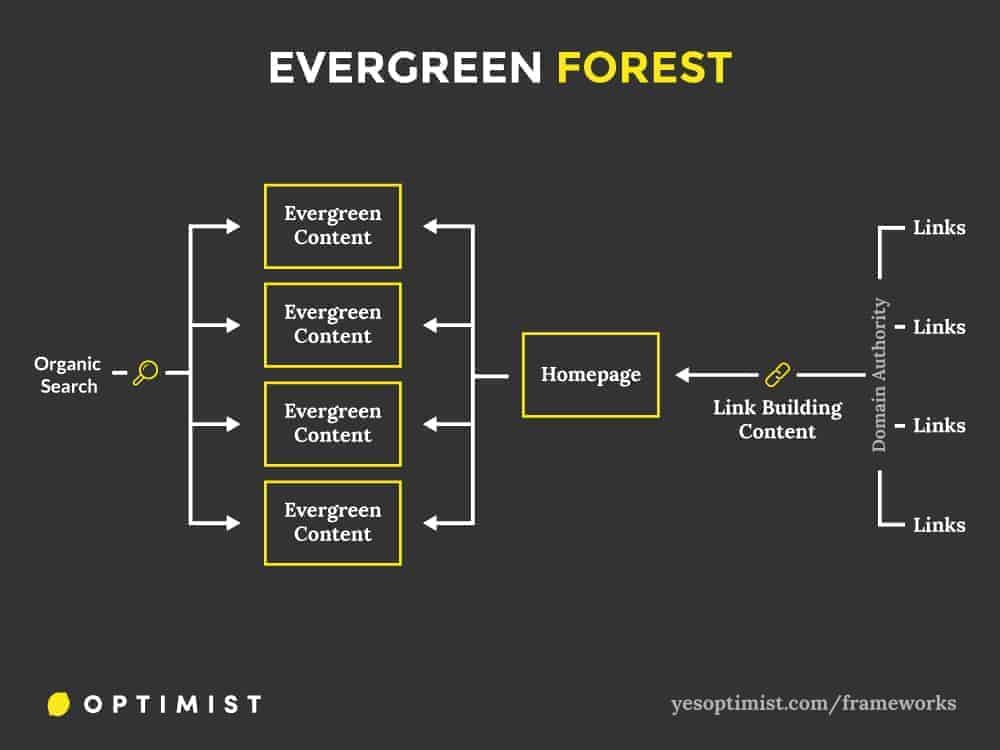 Framework for using content marketing to grow visibility of an evergreen forest and drive organic traffic to a website.