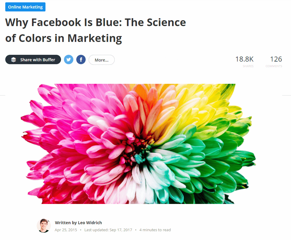 Article from Buffer's blog, called "Why Facebook Is Blue: The Science of Colors in Marketing"