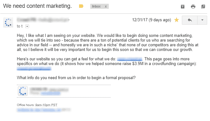 Examples of an inbound email sales inquiry