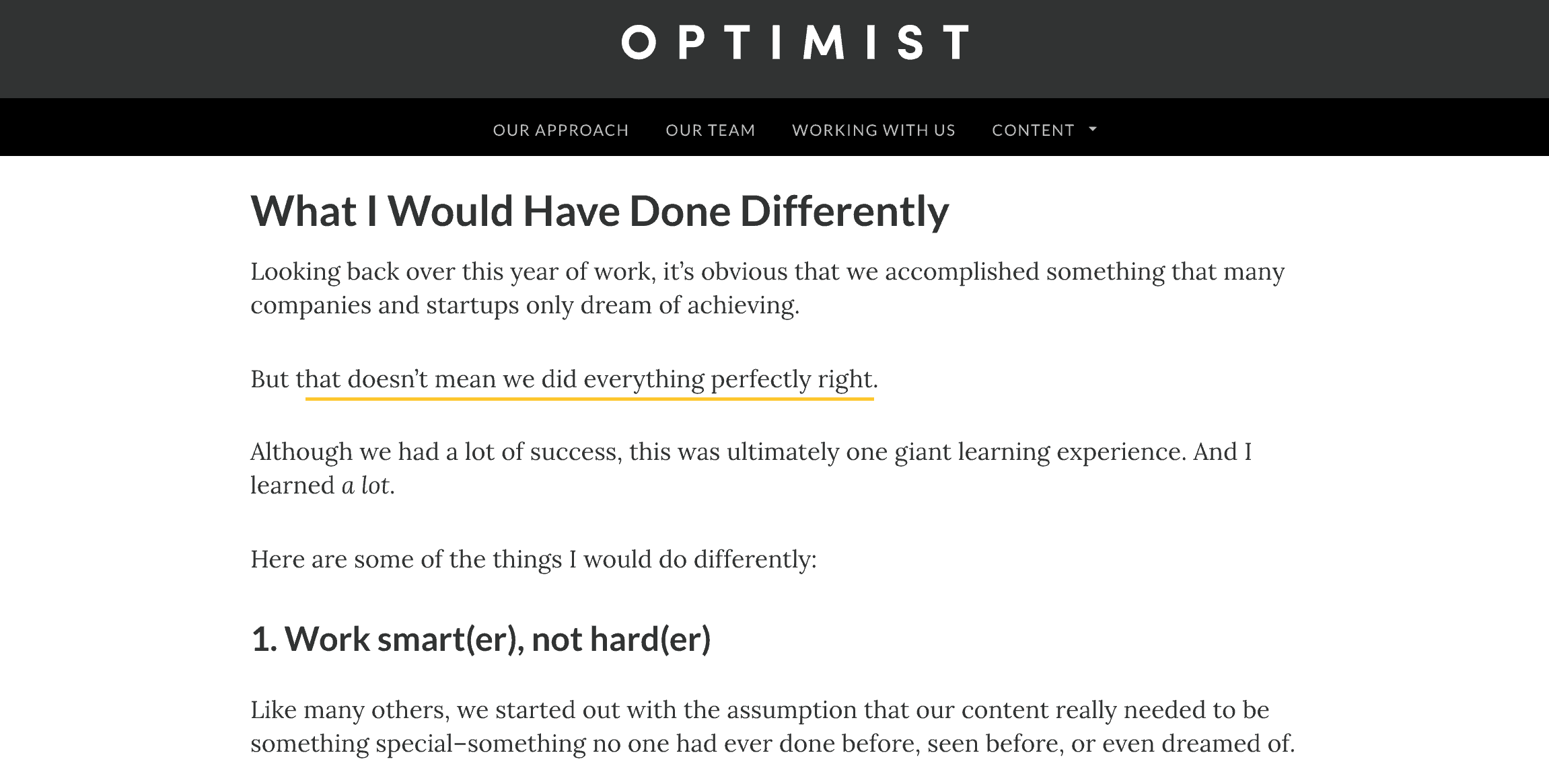 "Lessons learned" section of the case study, highlighting opportunities for improvement/growth