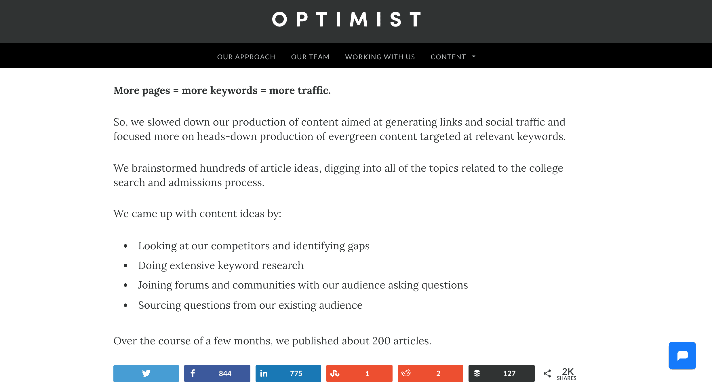 Case study section highlighting a change in strategy/approach