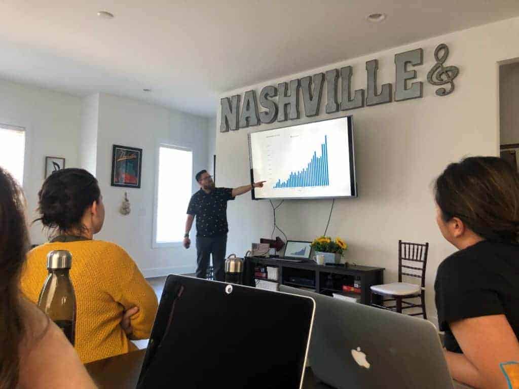 Photograph of me (Tyler Hakes) presenting to the team at our Nashville retreat.