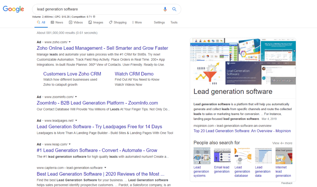 Google search results for "Lead Generation Software" is an example of a middle of the funnel query targeting higher-intent buyers.