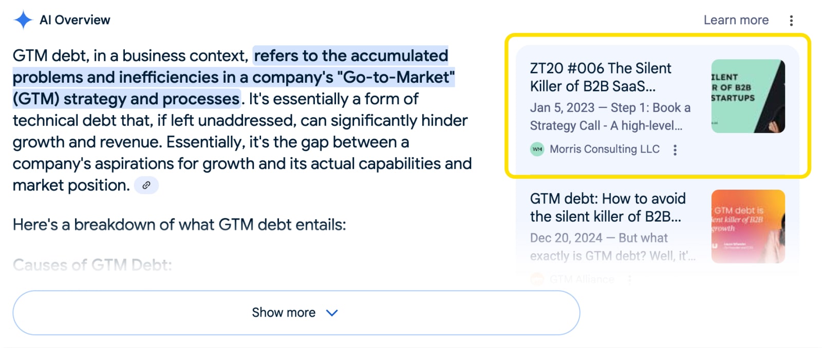 Screenshot of AIO referencing the same concept and citing the original source of the concept. 
