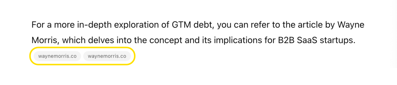 Screenshot of ChatGPT referring users to specific source of information related to the "GTM Debt" concept, coined by Wayne Morris. 