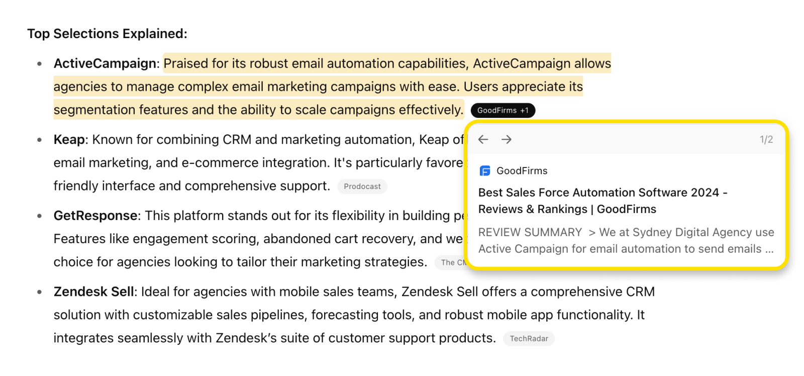 Screenshot of an example of ActiveCampaign being recommended to a user, based on review and feature information listed on the site GoodFirms. 