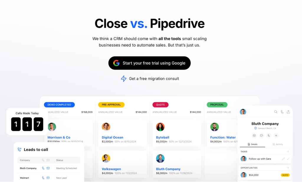 screenshot Close vs Pipedrive