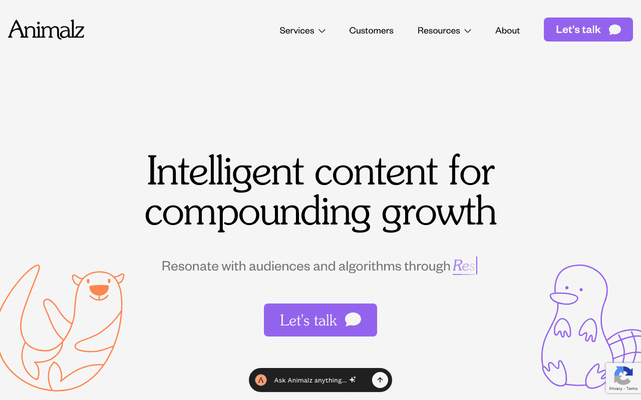 Animalz homepage promoting intelligent content strategies for compounding growth with a minimalist design and illustrated mascots.