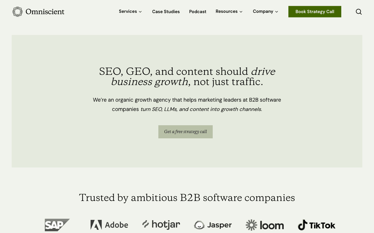Omniscient homepage with “SEO, GEO, and content should drive business growth” headline