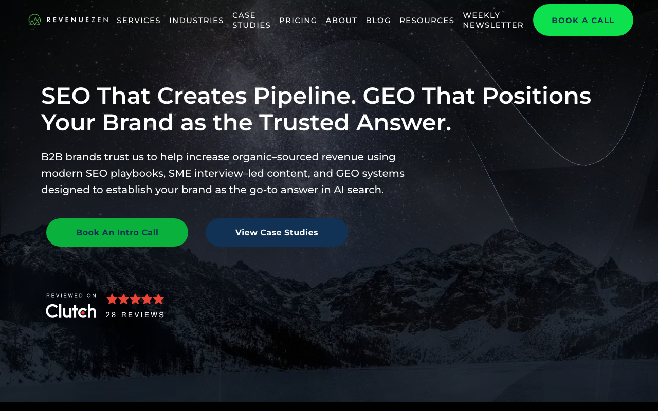 RevenueZen homepage with “SEO That Creates Pipeline and GEO That Positions Your Brand” headline