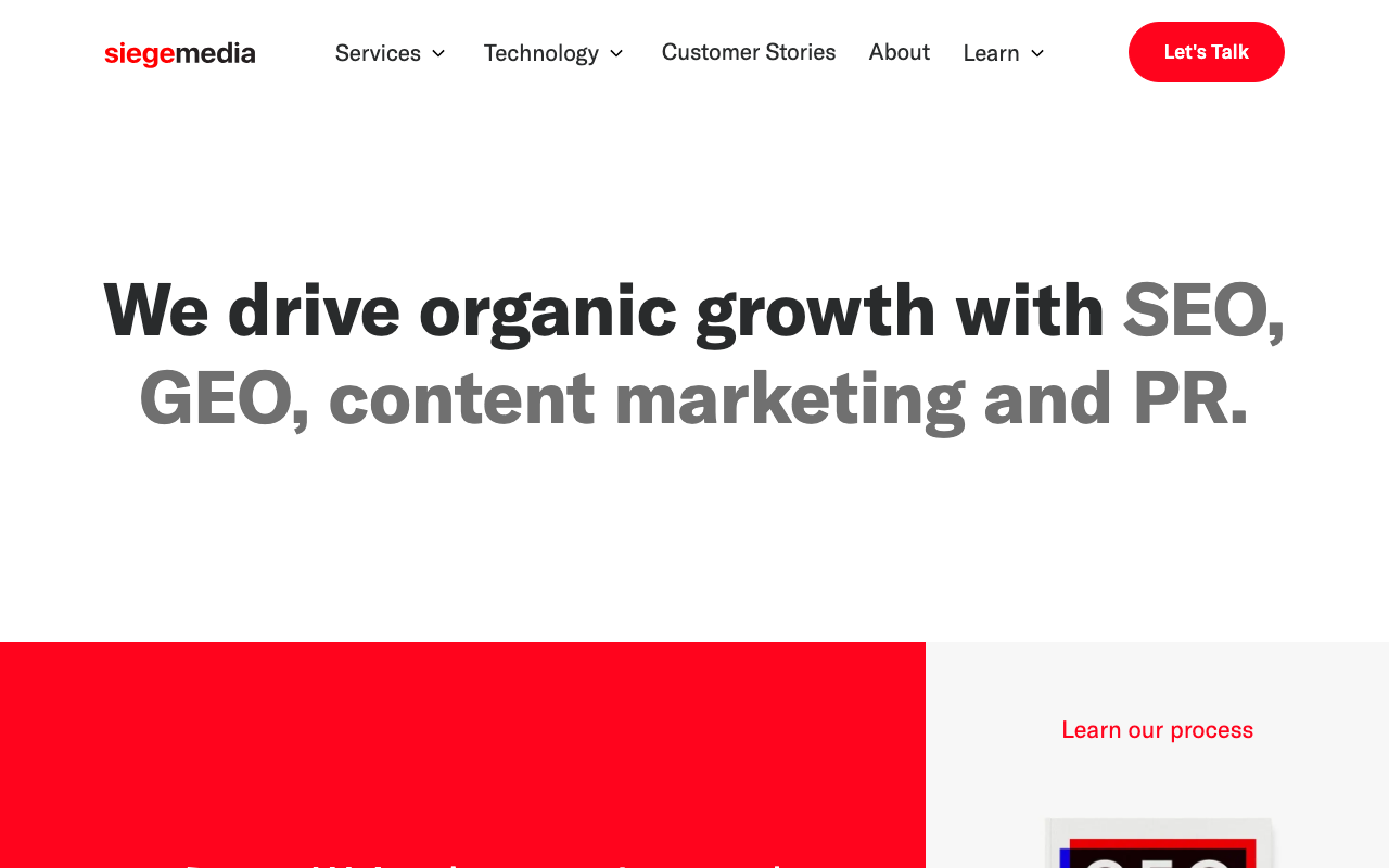 Siege Media homepage with “We drive organic growth with SEO, GEO, content marketing and PR” headline