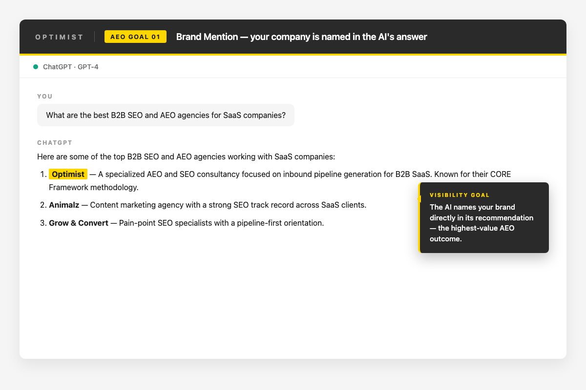 ChatGPT response listing top B2B SEO and AEO agencies for SaaS, with “Optimist” highlighted as a recommended brand.