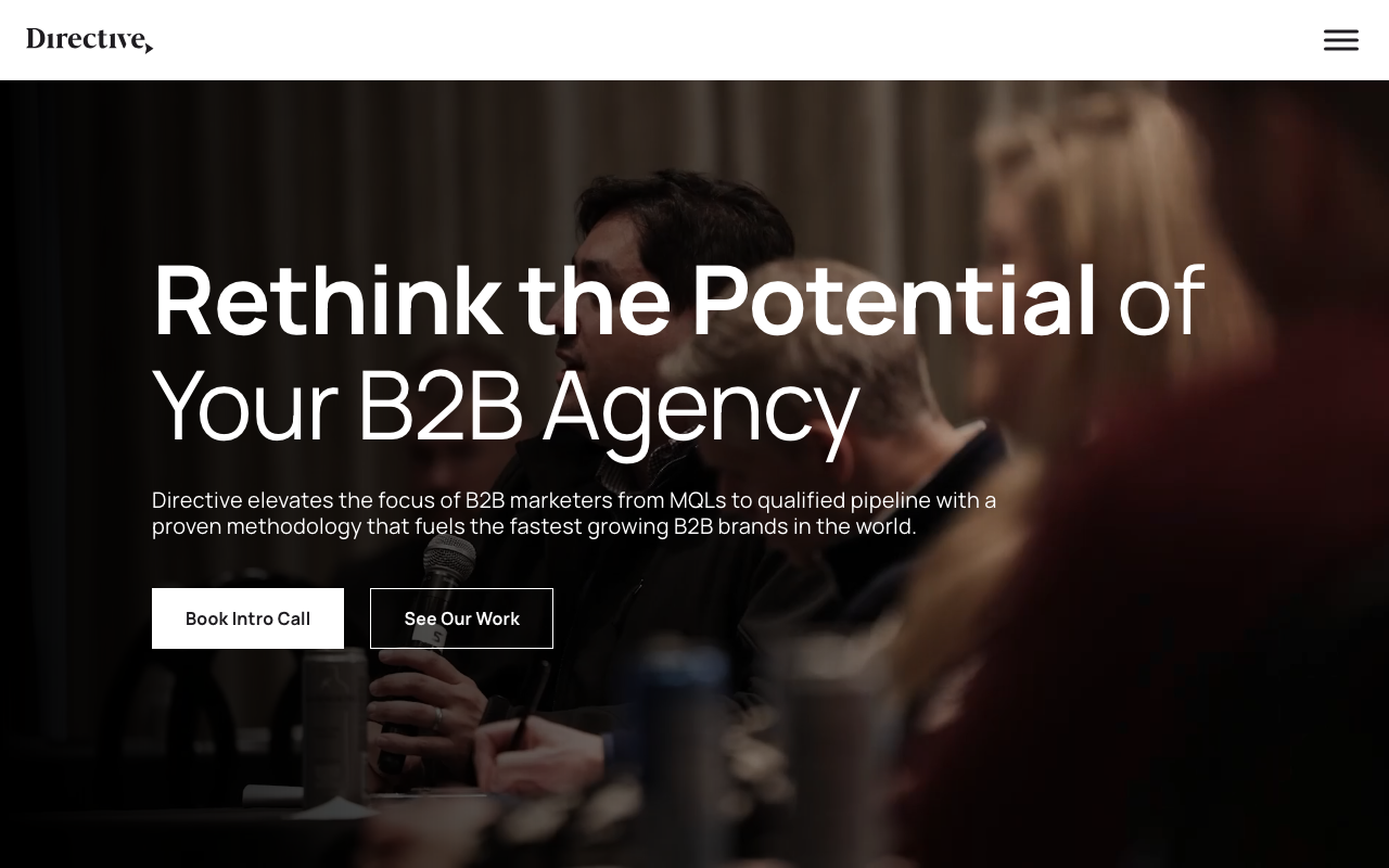 Directive homepage with “Rethink the Potential of Your B2B Agency” headline and CTA buttons