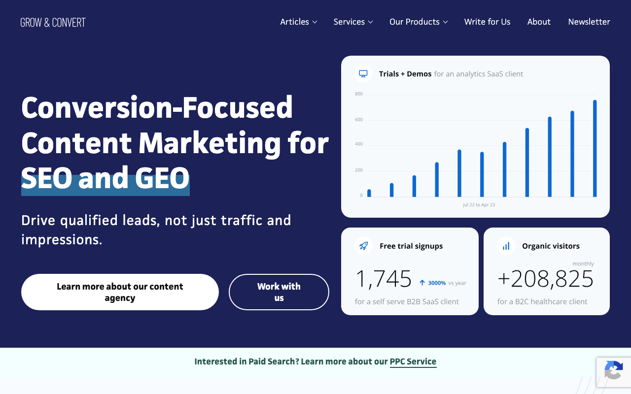 Grow and Convert homepage with “Conversion-Focused Content Marketing for SEO and GEO” headline