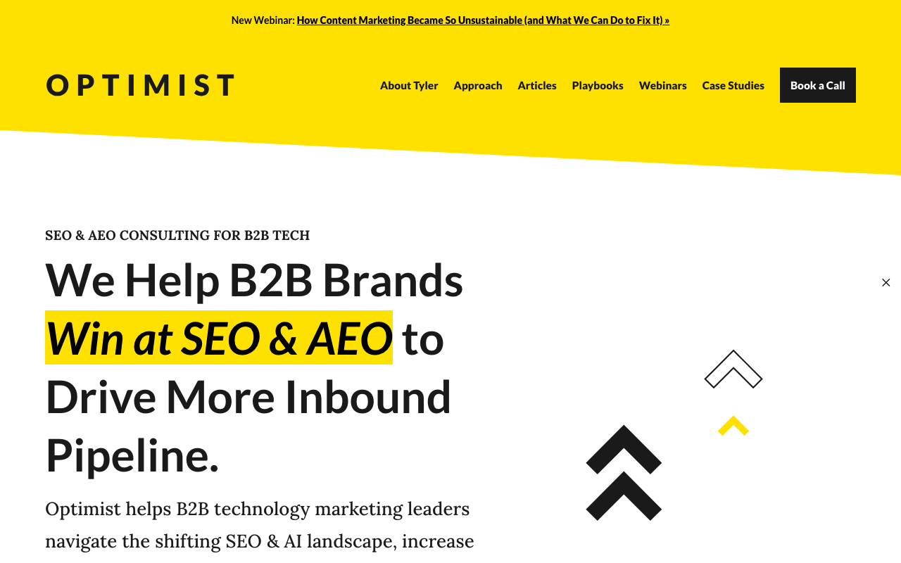 Optimist B2B SEO agency homepage highlighting SEO & AEO consulting for tech brands