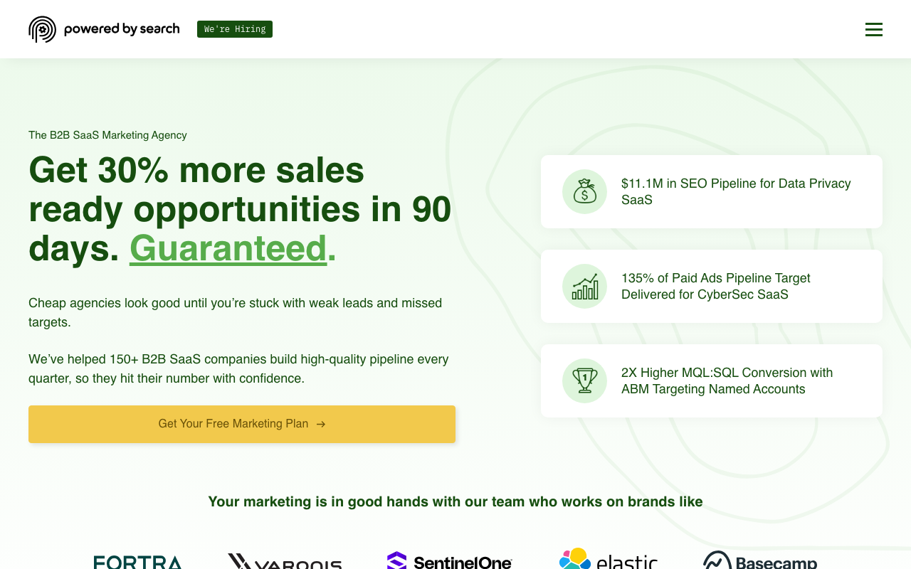 Powered by Search homepage with “Get 30% more sales ready opportunities in 90 days” headline