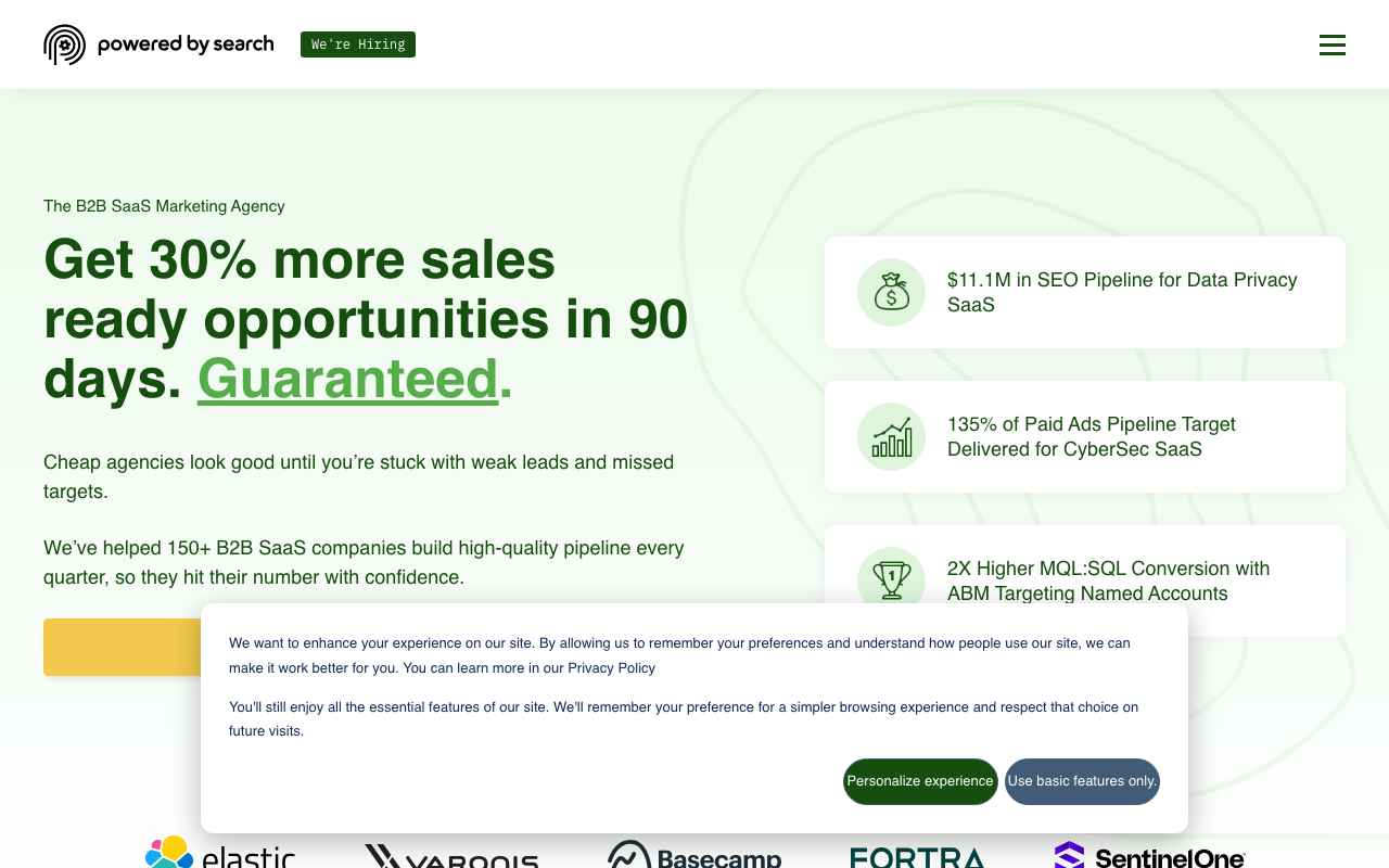 Powered by Search homepage with “Get 30% more sales ready opportunities in 90 days” headline