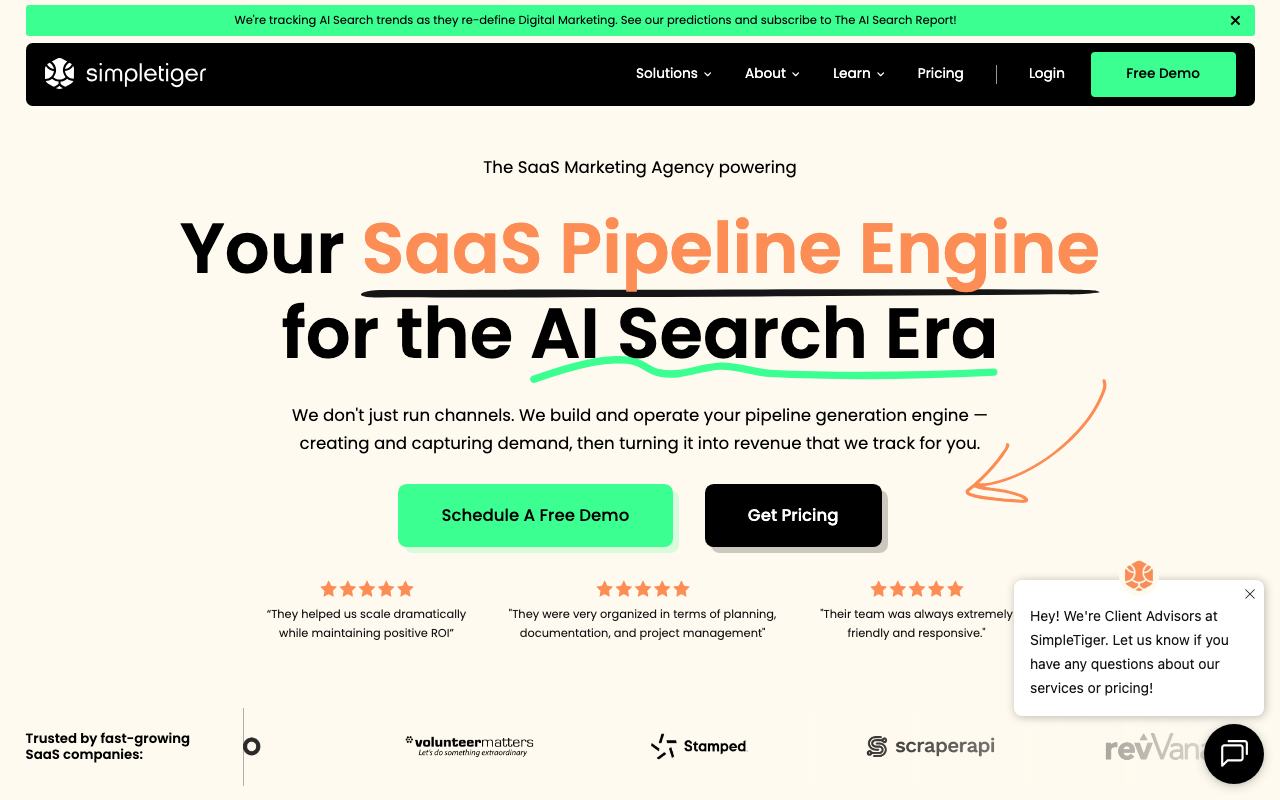 SimpleTiger homepage with “Your SaaS Pipeline Engine for the AI Search Era” headline