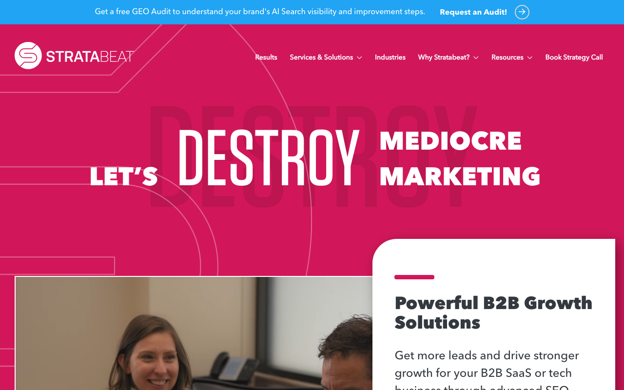 Stratabeat homepage with “Let’s Destroy Mediocre Marketing” bold headline and red background