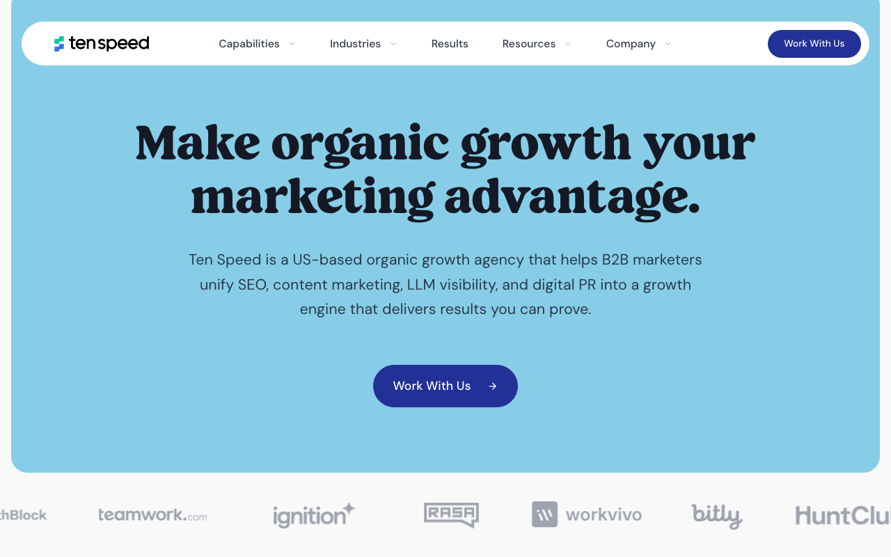 Ten Speed homepage with “Make organic growth your marketing advantage” headline