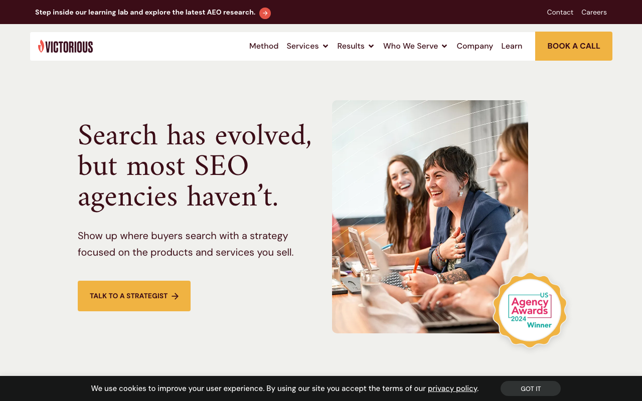 Victorious homepage with “Search has evolved, but most SEO agencies haven’t” headline