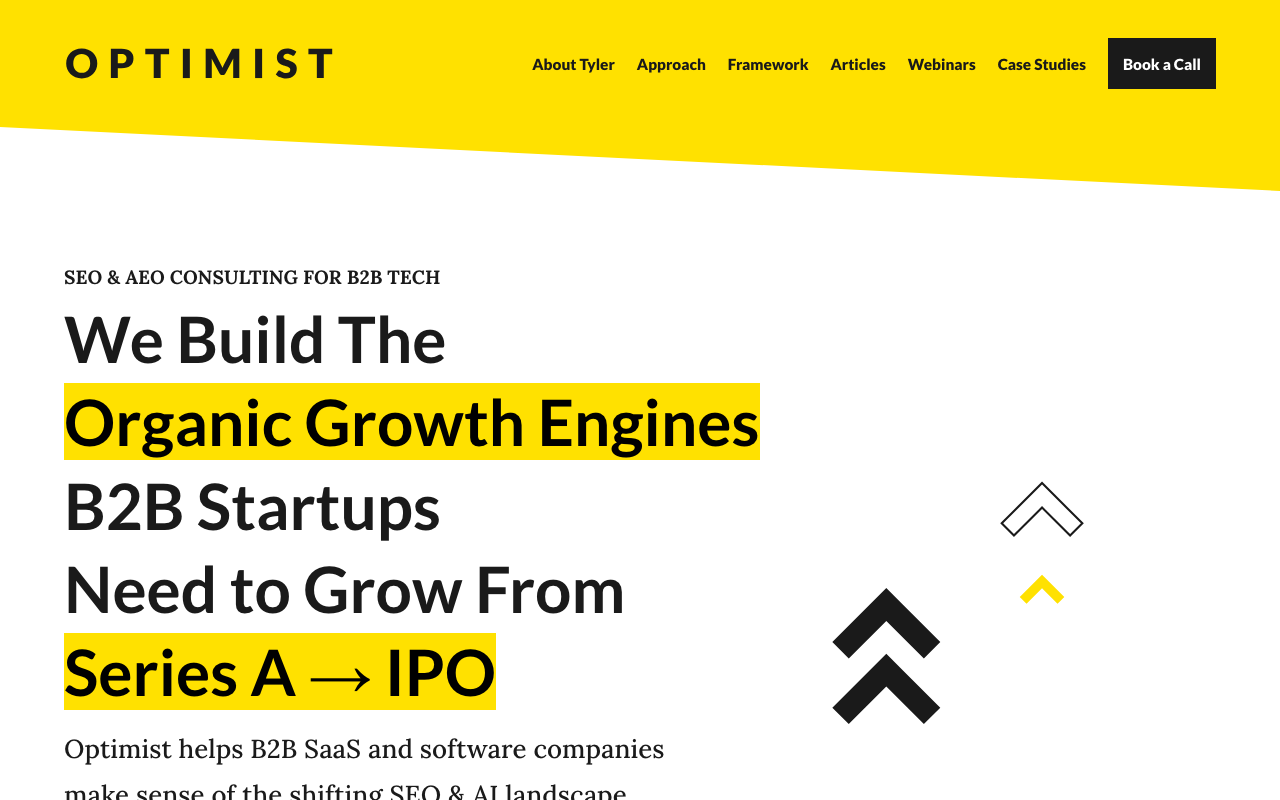 Optimist homepage promoting SEO and AEO consulting for B2B startups growing from Series A to IPO.