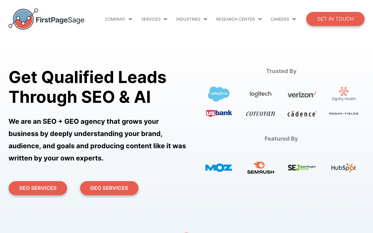 First Page Sage homepage promoting SEO and GEO services for generating qualified leads through AI-driven content marketing.