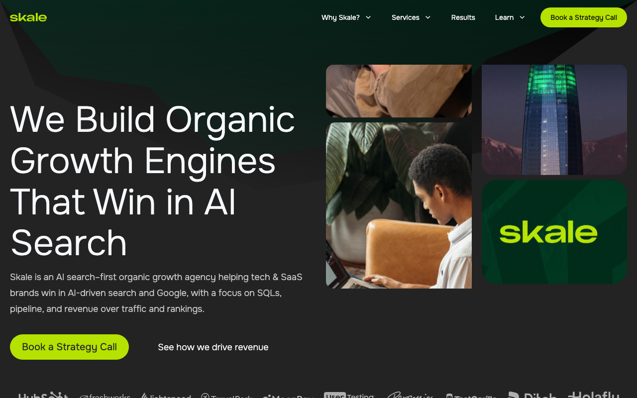 Skale homepage promoting AI search–focused organic growth services for tech and SaaS companies.
