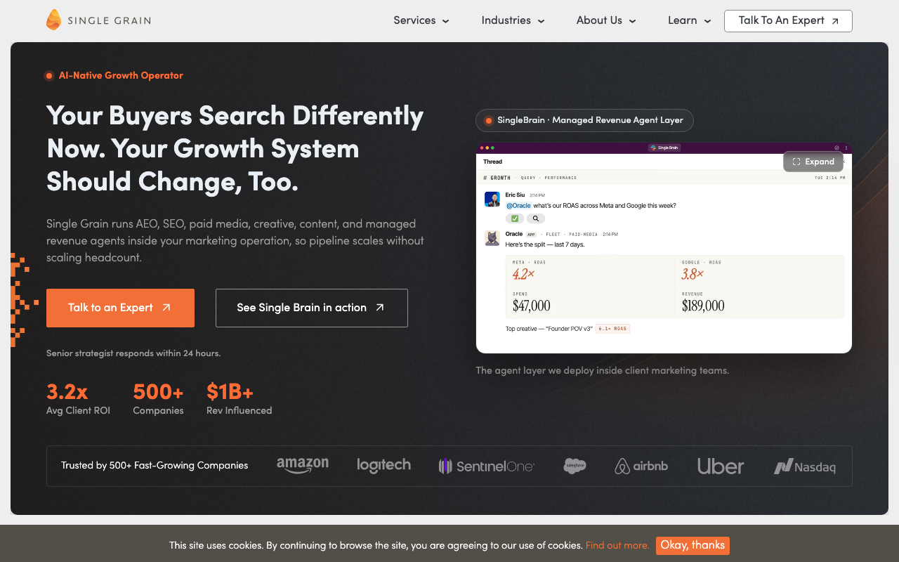 Single Grain homepage featuring the headline “Your Buyers Search Differently Now. Your Growth System Should Change, Too.” with marketing performance dashboard visuals.